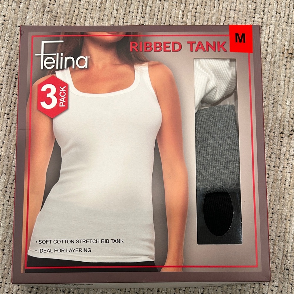 Felina Ribbed Tank 3-Pack - White, Gray, Black open box